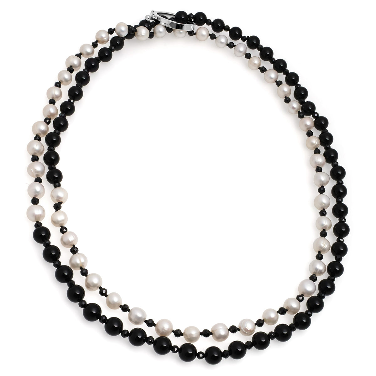 Colier perle de cultură albe 7-8 mm și onix, lungime 100cm