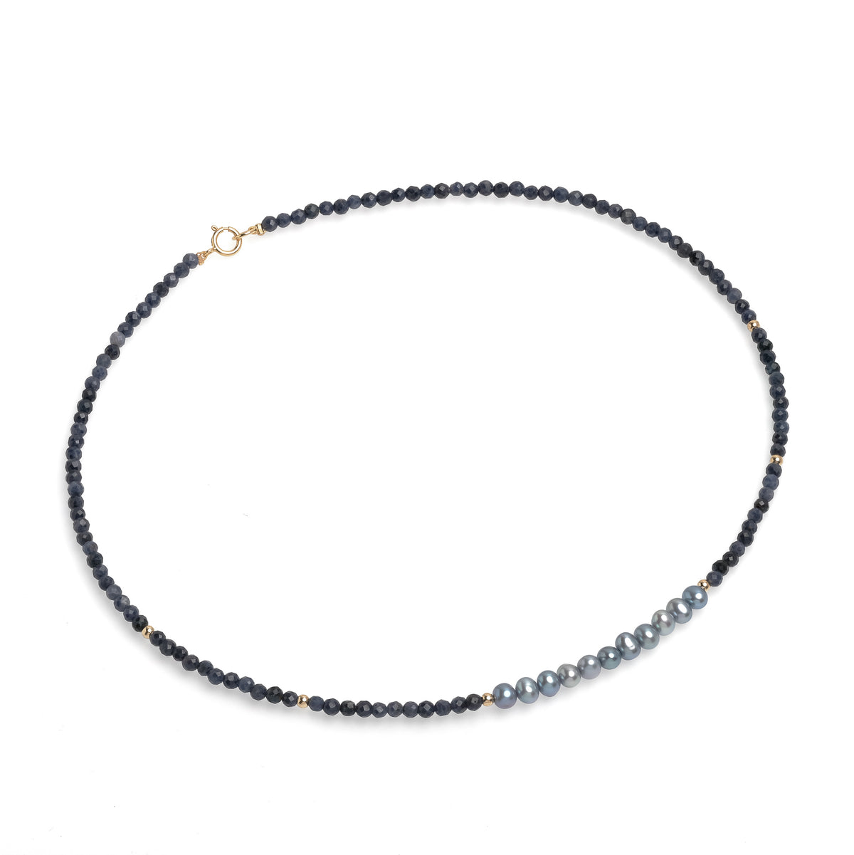 Colier perle de cultură gri 4.5-5 mm și safir 2,5-3 mm, lungime 41cm