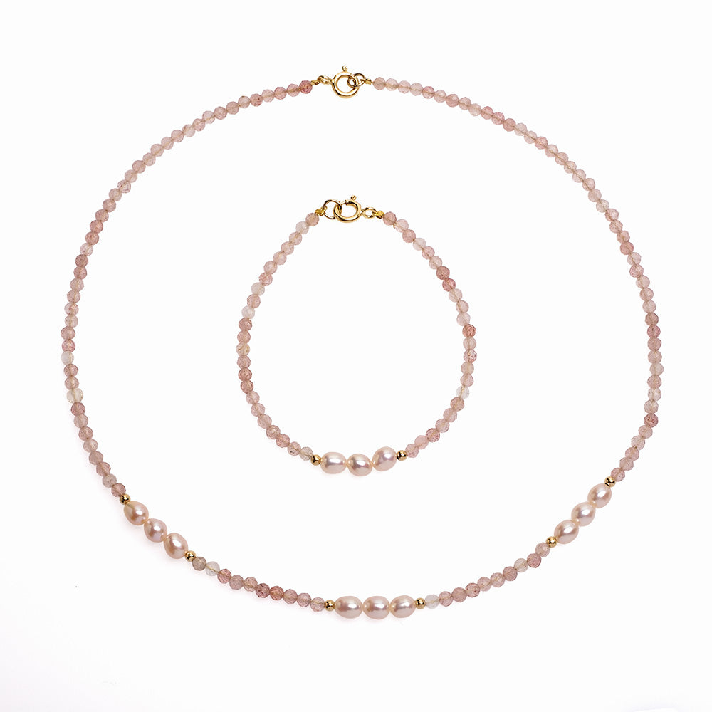 Brațară cu perle de cultură roz 4-5mm și cuarț. Lungime 18cm