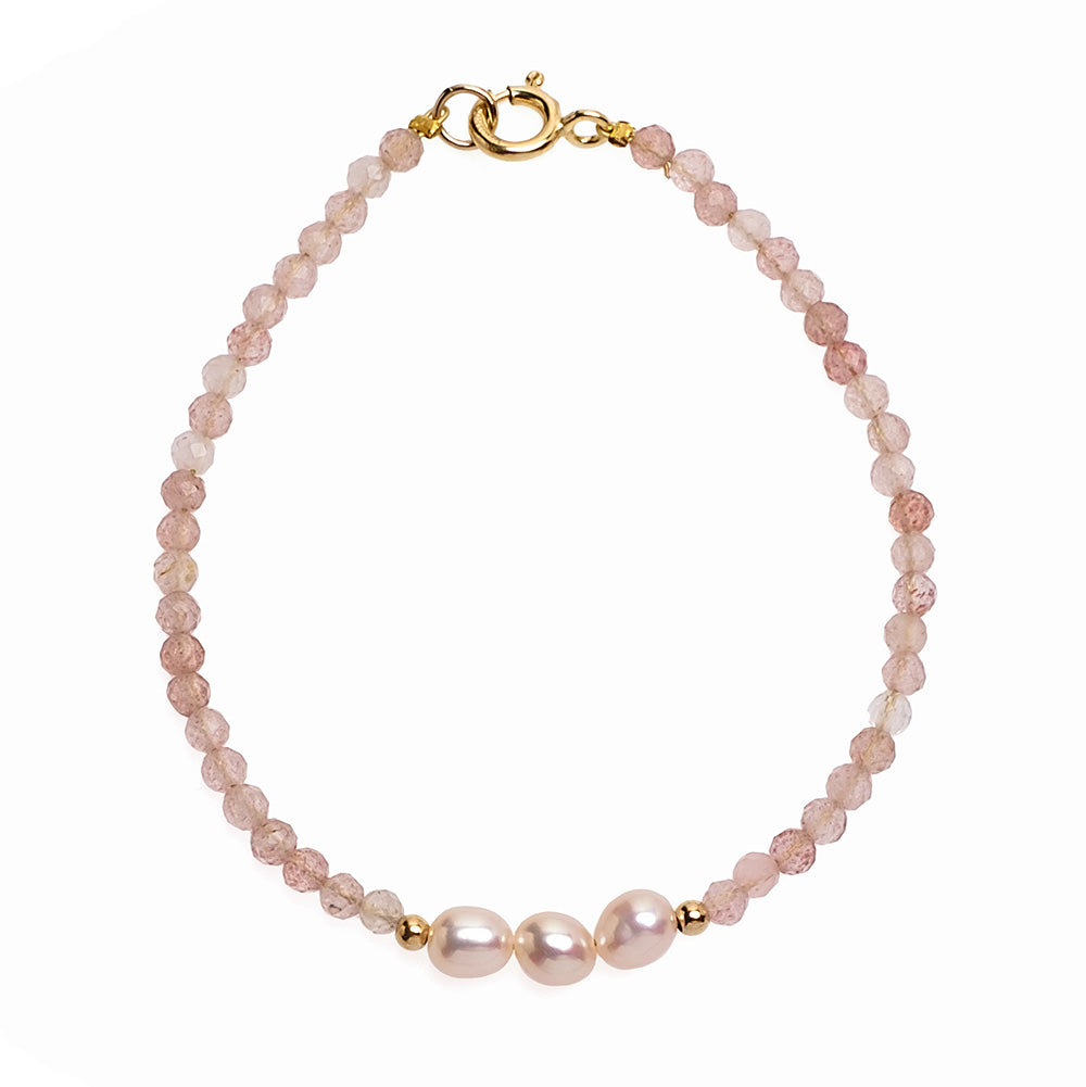 Brațară cu perle de cultură roz 4-5mm și cuarț. Lungime 18cm