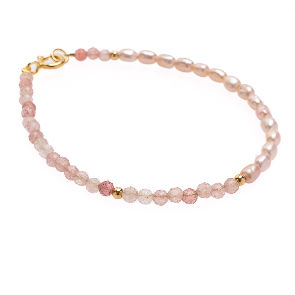 Brațară perle de cultură roz 3-4mm și cuarț. Lungime 18cm.