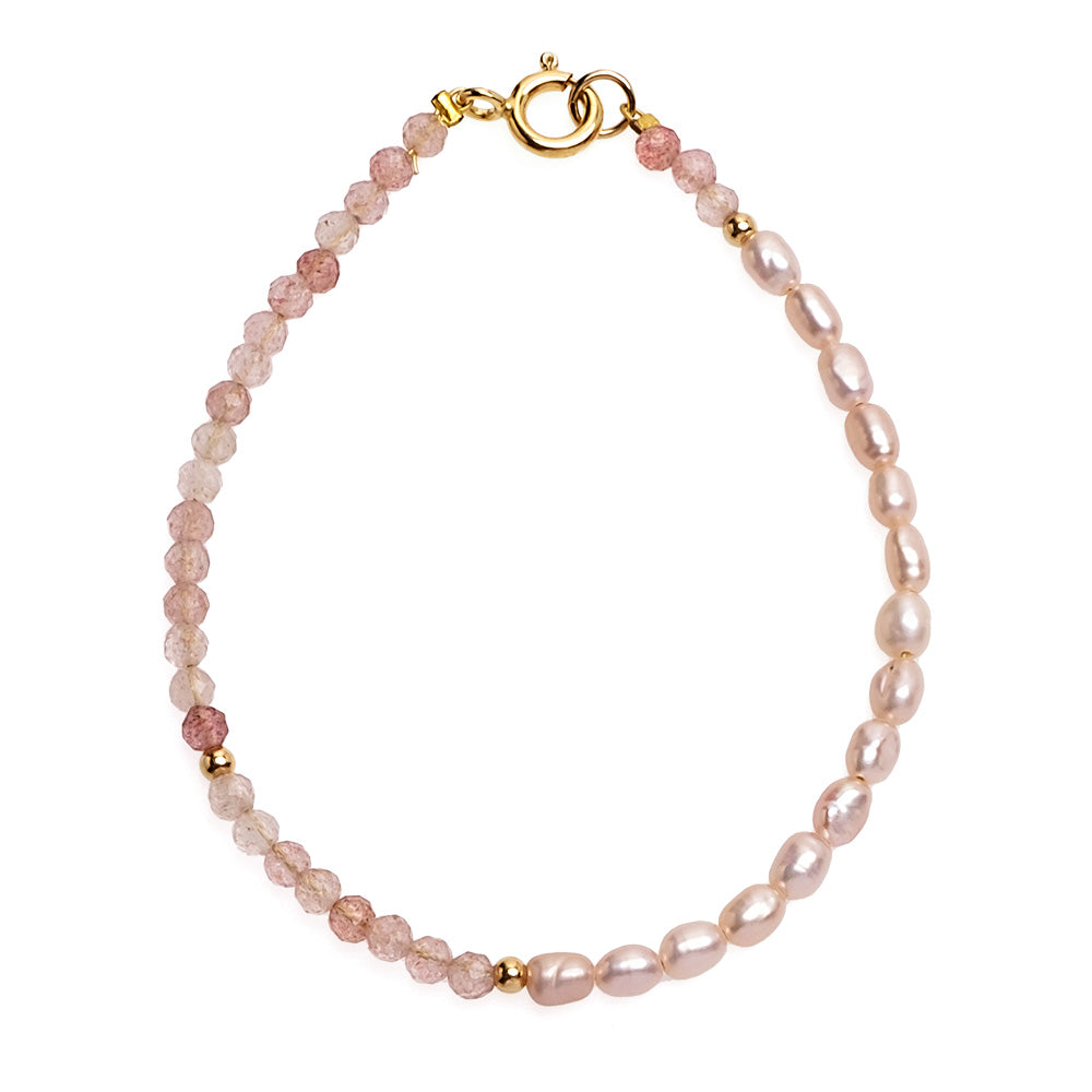 Brațară perle de cultură roz 3-4mm și cuarț. Lungime 18cm.