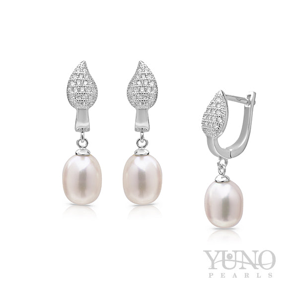 Cercei din argint 925, perle albe, 8-9mm
