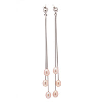 Cercei argint cu perle roz 5-6mm, lungime 6 cm