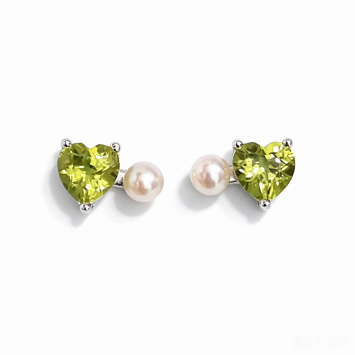 Cercei din argint, perlă albă de 3,5mm, peridot, cu tijă