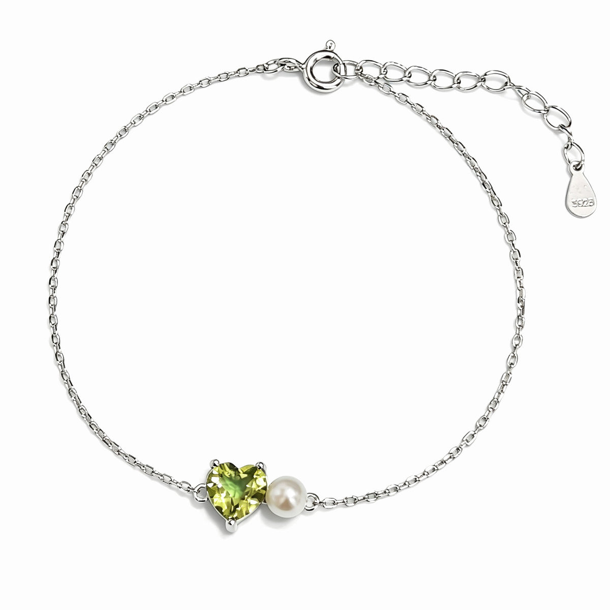 Brățară din argint, perlă albă de 4 mm, peridot, 16 + 3 cm