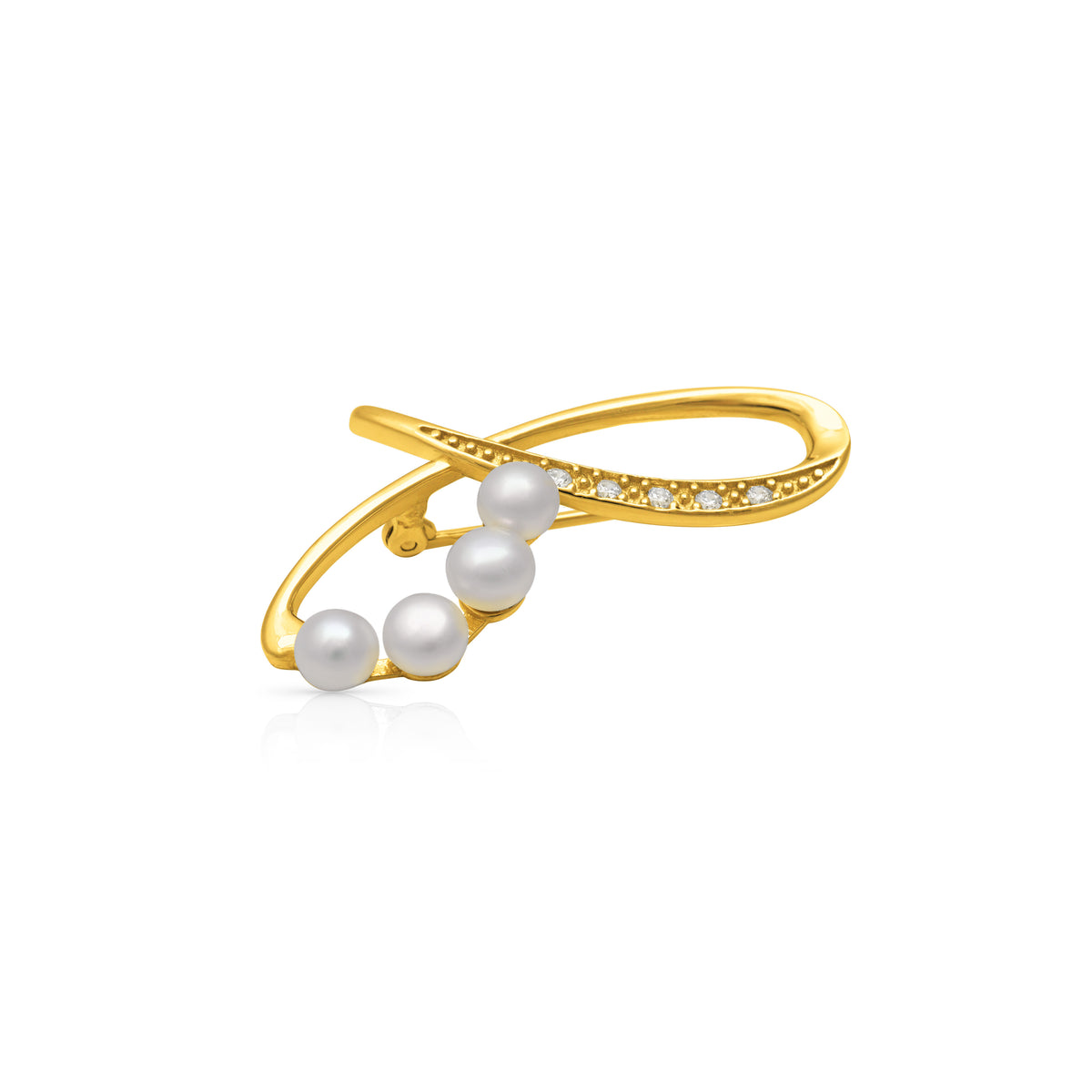 Broşă din argint palcat cu aur galben 18K, perle de cultură albe, 4-5mm, zirconii