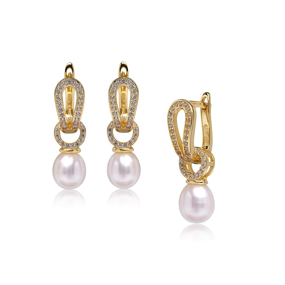 Cercei argint 925 placat cu aur galben, perle albe  detașabile  7.5-8mm și zirconiu