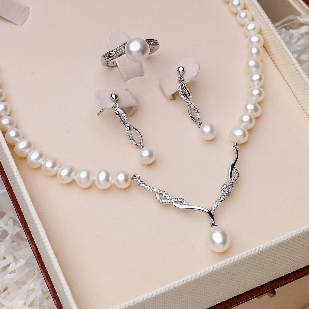 Set de colier, inel și cercei cu perle albe, 6-9 mm