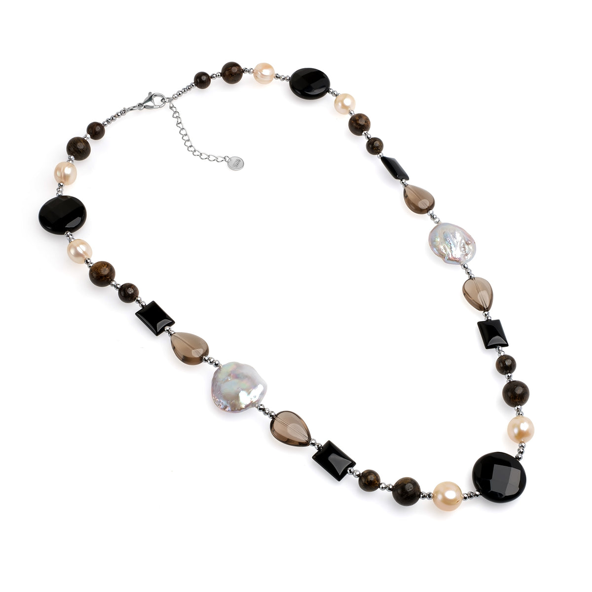Colier cu perle sidef de cultură albe 10-12mm, agat, hematit, onix și cuarț fumuriu, lungime 60cm.