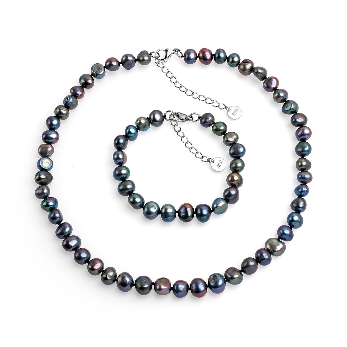 Set șirag și brățară cu perle de cultură negre asimetric aprox. 8-9mm, închizătoare oțel, lungime  43 cm/19cm