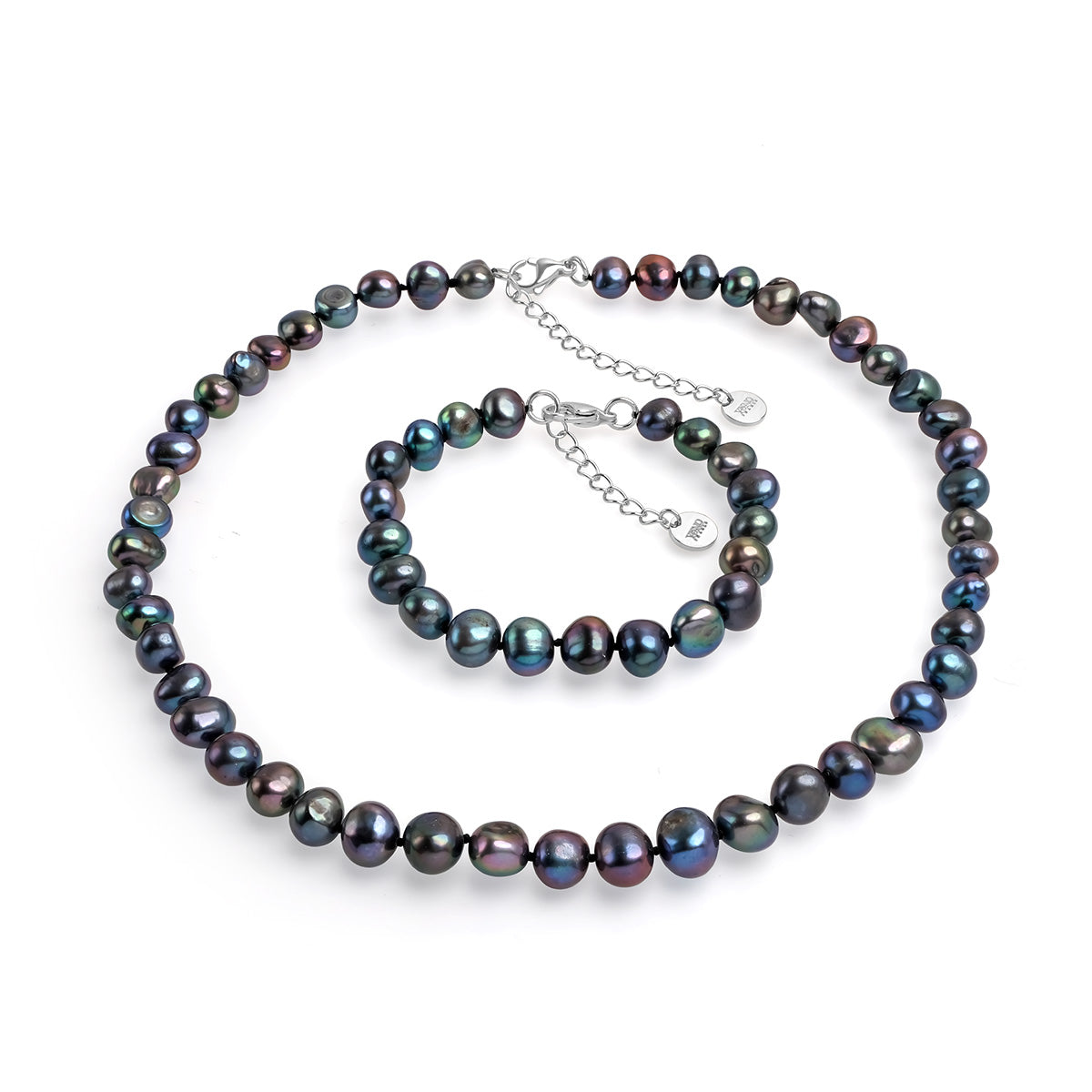 Set șirag și brățară cu perle de cultură negre asimetric aprox. 8-9mm, închizătoare oțel, lungime  43 cm/19cm