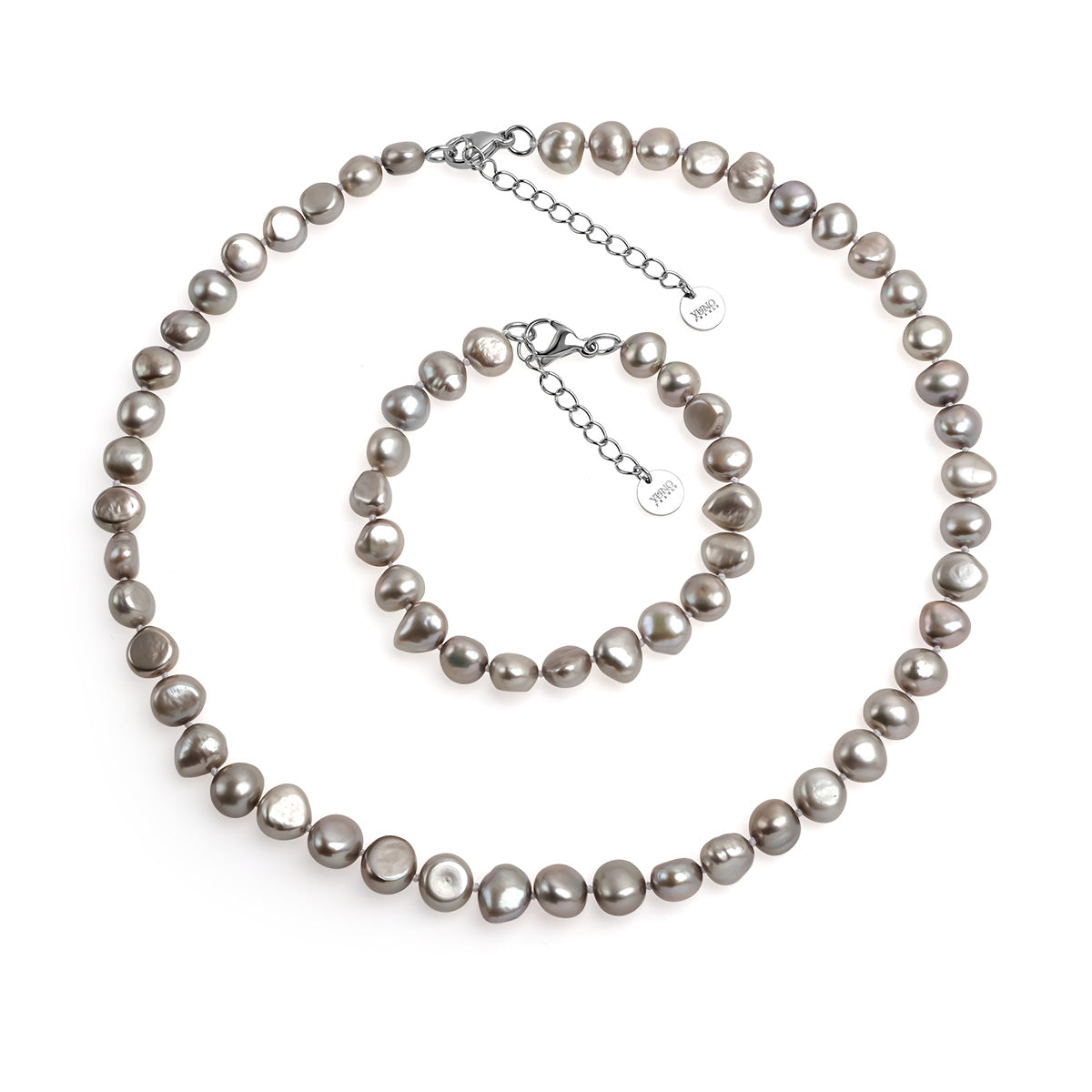 Set șirag și brățară cu perle de cultură gri asimetric aprox. 8-9mm, închizătoare oțel, lungime  43 cm/19cm