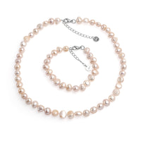 Set șirag și brățară cu perle de cultură albe asimetric aprox. 8-9mm, închizătoare oțel, lungime  43 cm/19cm
