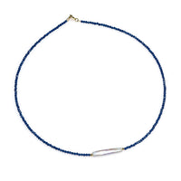 Colier cu perle albe, spinel albastru 2 mm, argint placat cu aur galben, 40 cm