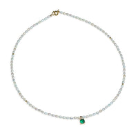Colier perle de cultură albe bob de orez 3 mm, argint placat cu aur galben, zirconiu verde, lungime 40+3cm