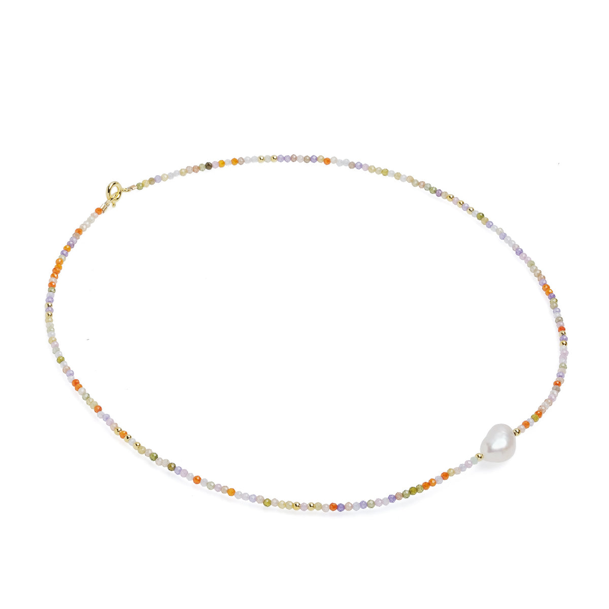 Colier cu o perlă albă, spinel colorat, argint placat cu aur galben, 41 cm
