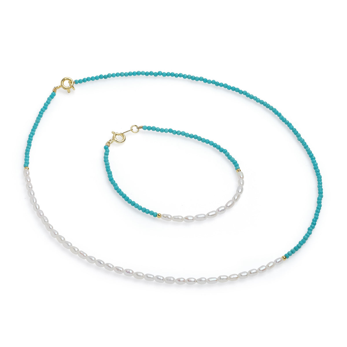 Colier perle de cultură albe bob de orez aprox 2.5mm, turcoazt, argint placat cu aur galben, 40 cm