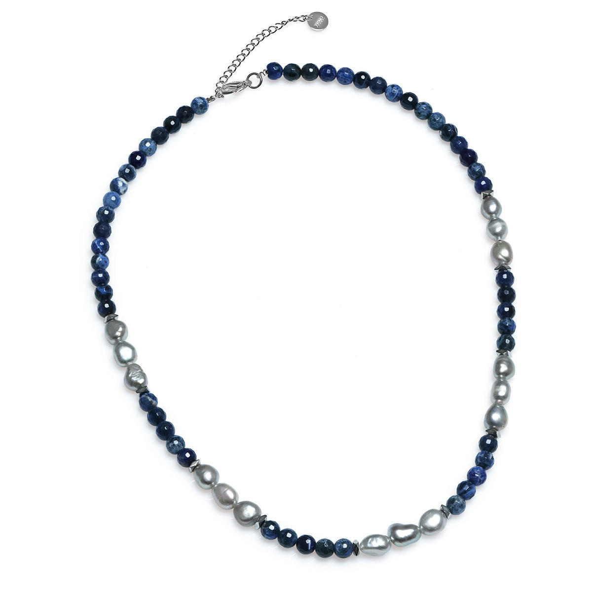Colier perle de cultură gri inimoare 7-8 mm, sodalit de 6,5 mm, închizătoare oțel, lungime 51+5cm