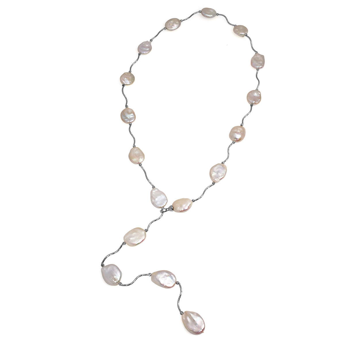 Colier perle sidef de cultură oval, zirconii și detalii metalice, lungime 80 cm