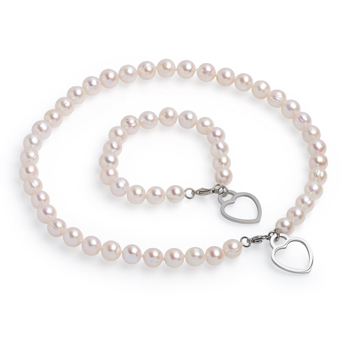 Brățară cu perle de cultură gri 10-11 mm și inimă de oțel, lungime 19 cm