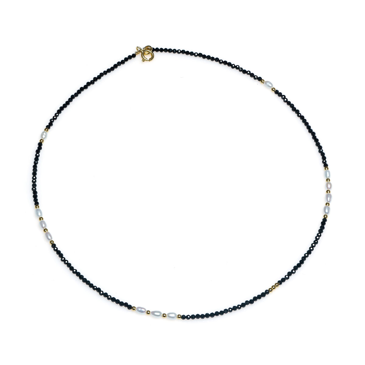 Colier perle de cultură albe bob de orez 2,5 mm, argint placat cu aur galben, spinel, lungime 41cm