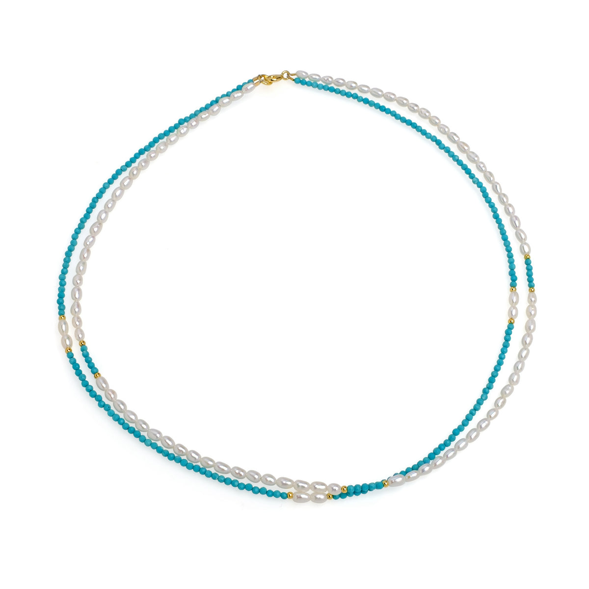 Colier perle de cultură albe 3 mm și turcuaz, lungime 43 cm