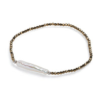 Brăţară perlă de cultură albă și hematit auriu, elastic, lungime 18cm