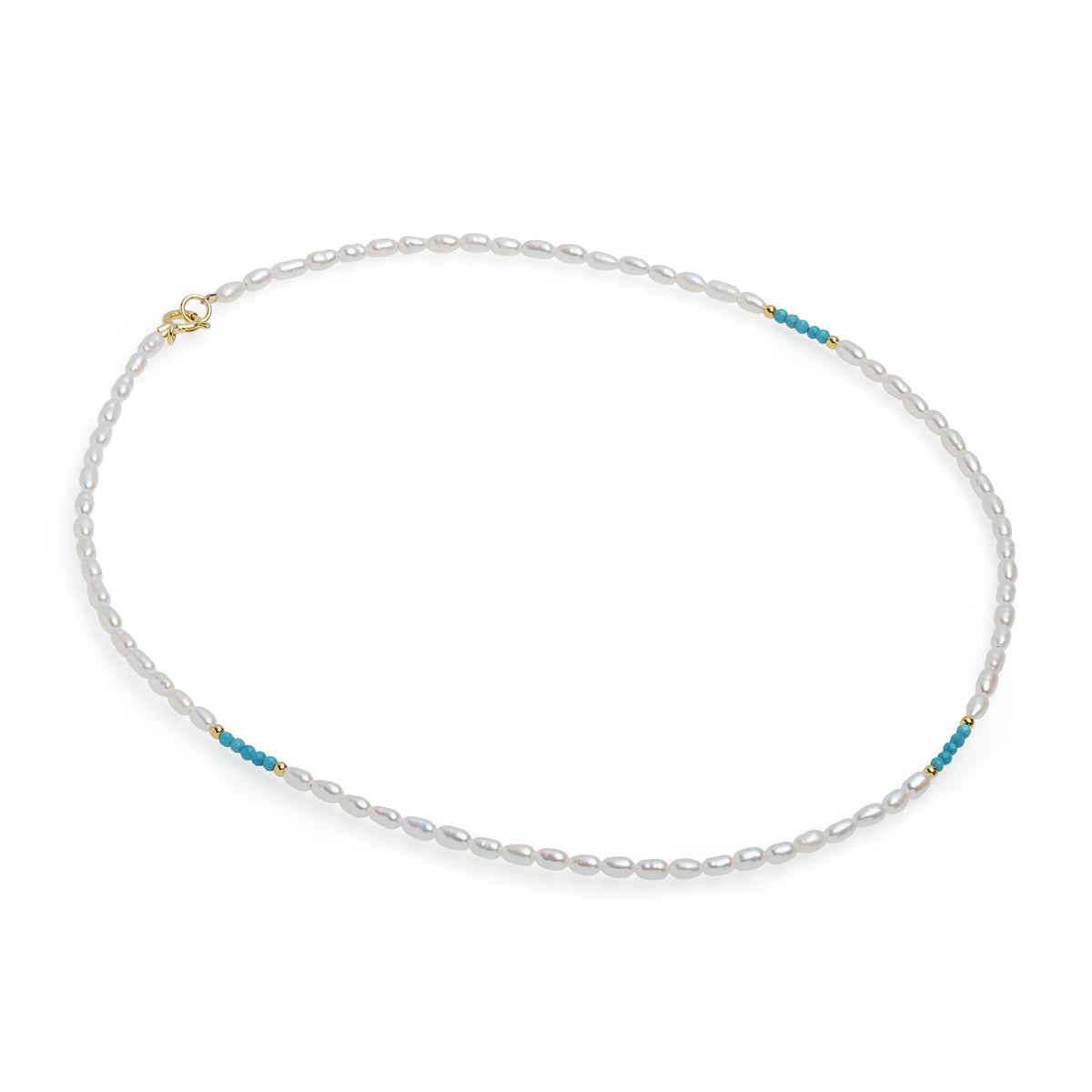 Colier cu  perle de cultură albe 3mm și spinel turcoaz. Lungime 41 cm