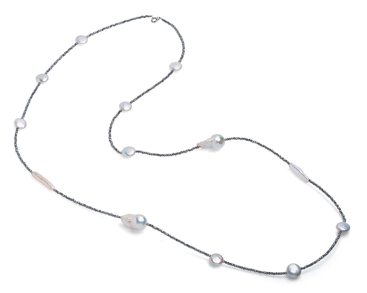 Colier lung tip "Station" cu Perle de Cultură Albe și Hematit Argintiu, 97 cm