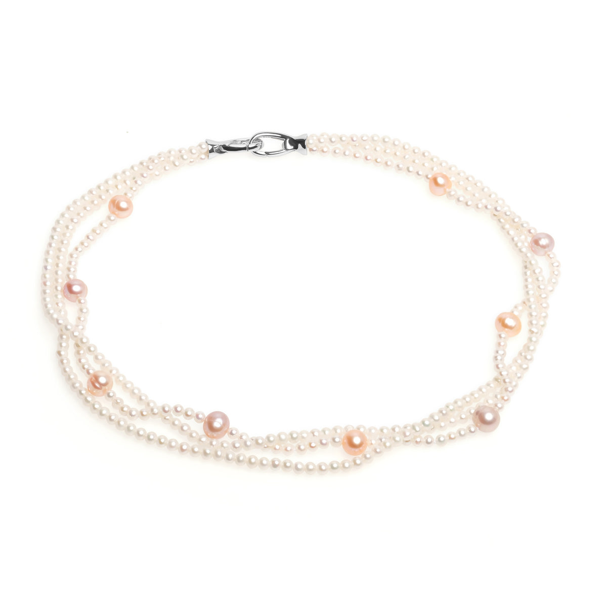 Colier cu perle de cultură albe 3mm,  roz și  violet  7mm, închizătoare de argint rodiat. Lungime 42 cm