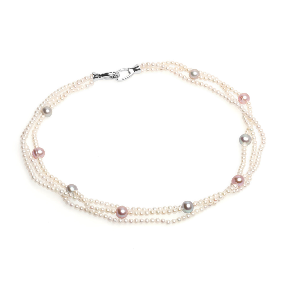 Colier cu perle de cultură albe 3mm, gri și  violet  7mm, închizătoare de argint rodiat. Lungime 42 cm