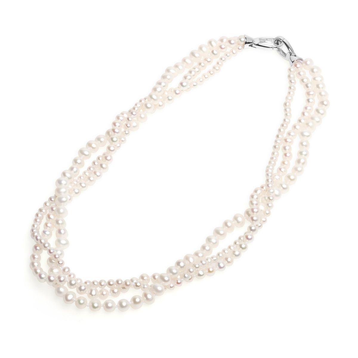 Colier cu perle de cultură albe 3.5/4.5/5.5mm și închizătoare de argint rodiat. Lungime 42 cm
