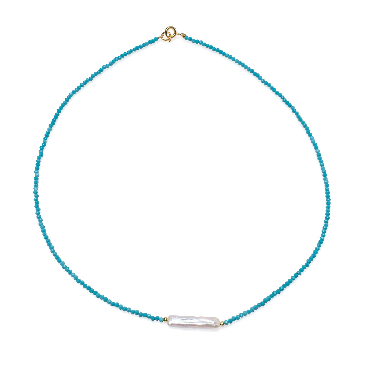 Colier, perlă de cultură albă 5-6mm, turcoaz, elemente aurite argintii, lungime 42cm
