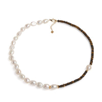 Colier cu perle de cultură albe 9,5-11mm și ochi de tigru, lungime  45cm+4cm