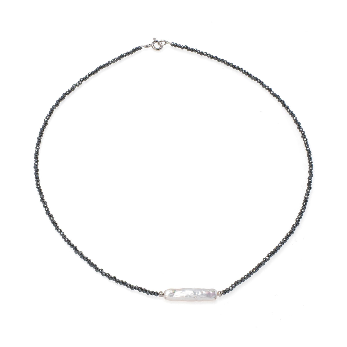 Colier cu perlă alungită și hematit gri, argint 925, lungime 41cm