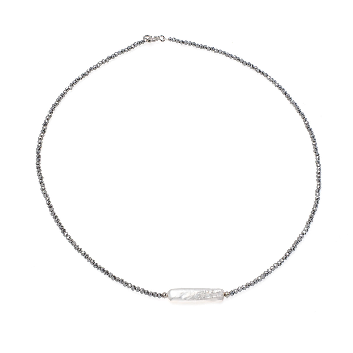 Colier cu perlă de cultură albă și hematit, lungime 41 cm