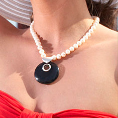 Colier cu perle albe, 9-10mm, Obsidian, Onix