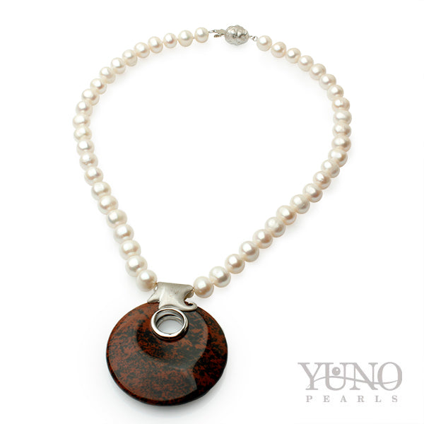 Colier cu perle albe, 9-10mm, Obsidian, Onix