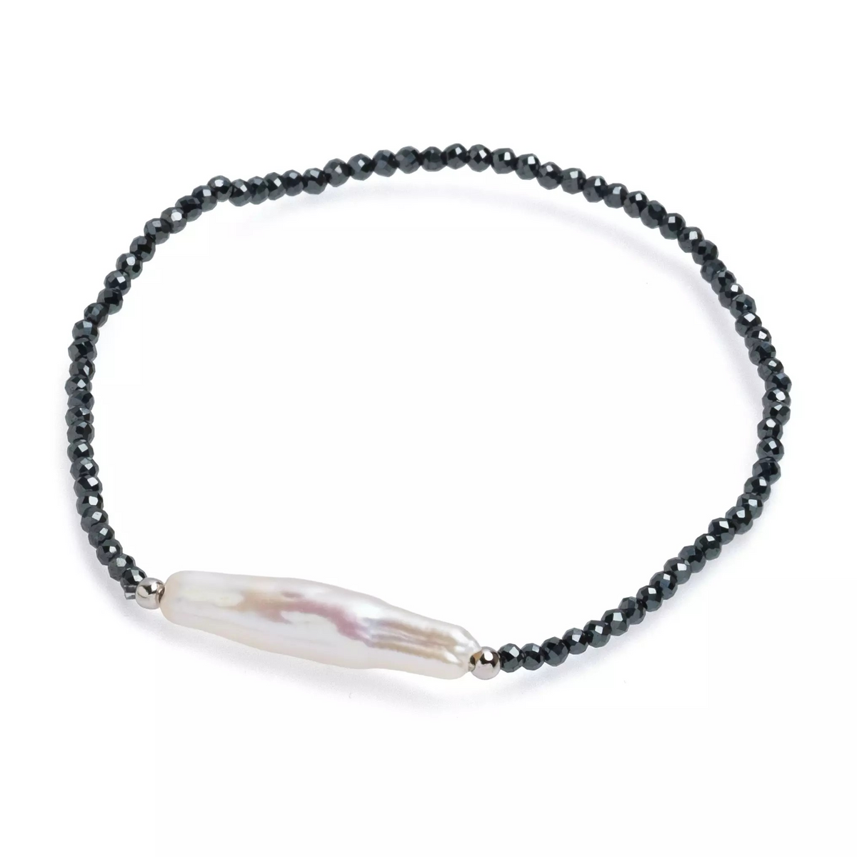 Brăţară perlă de cultură albă și hematit argintiu, elastic, lungime 18cm