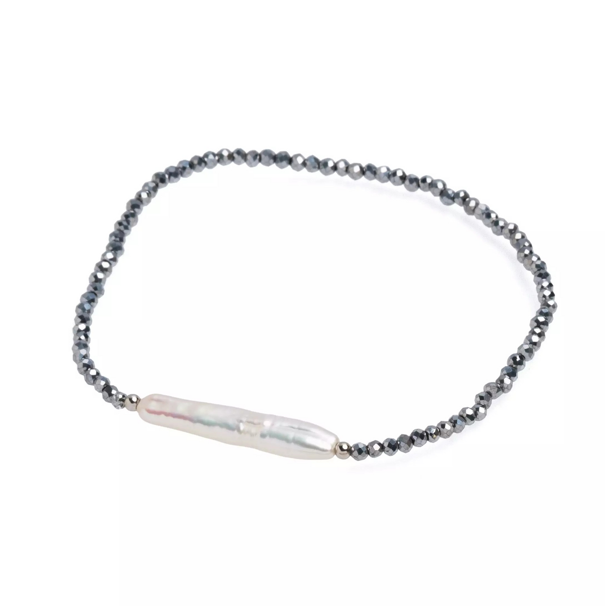 Brăţară perlă de cultură albă și hematit gri, elastic, lungime 18cm