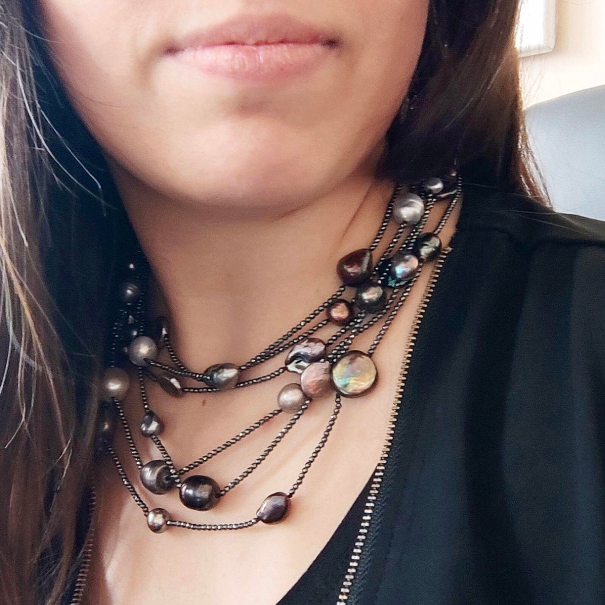 Colier cu perle gri și culoare închisă 9-10 mm, Hematit, lungime 90 cm