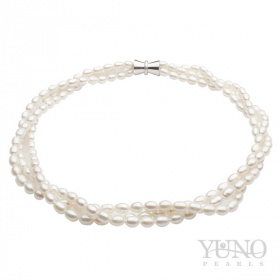Colier, 3 randuri de perle albe, 6-7mm, 47cm