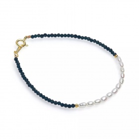 Brăţară perle de cultură albe și spinel albastru de 2 mm, lungime 18-18,5 cm