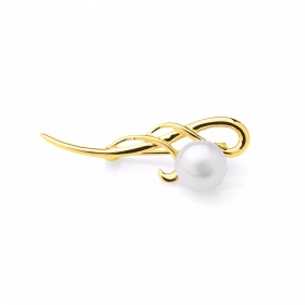 Broşă din argint placat cu aur galben 18K, perlă albă, 9-10mm