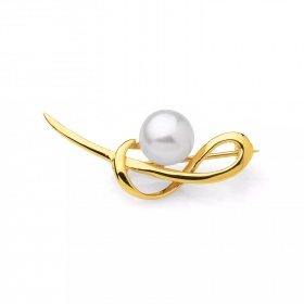 Broşă din argint placat cu aur galben 18K, perlă albă, 8-9mm