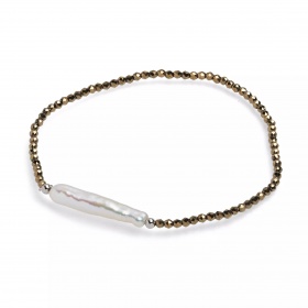Brăţară perlă de cultură albă și hematit auriu, elastic, lungime 18cm