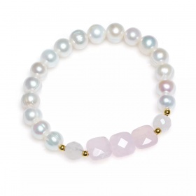 Brăţară perle de cultură albe 8 mm, cristale, detalii aurii, elastic