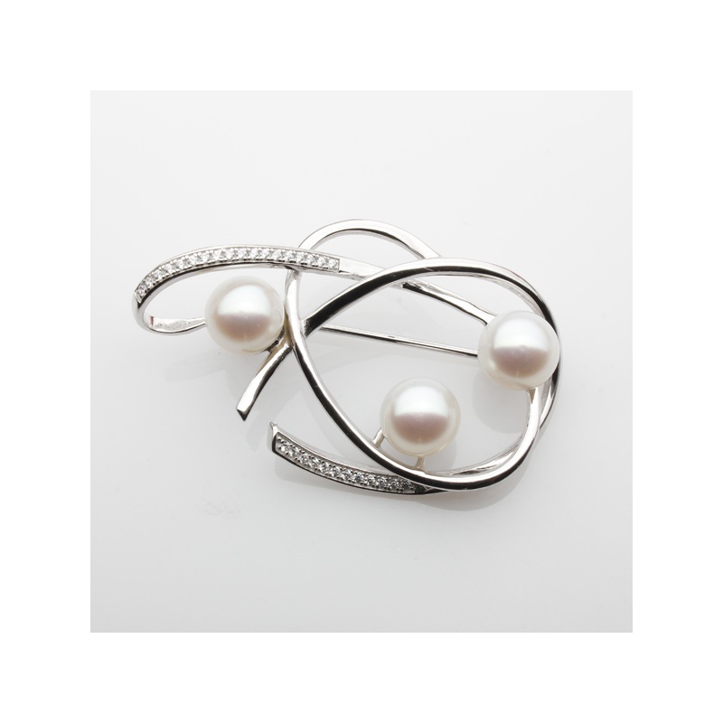 Broşă din argint 925, perle de cultură albe 7.5-8mm, zirconii