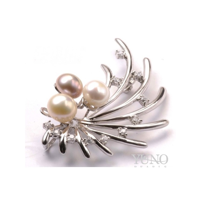Broşă din argint 925, perle de cultură colorate 7.5-8mm, zirconii
